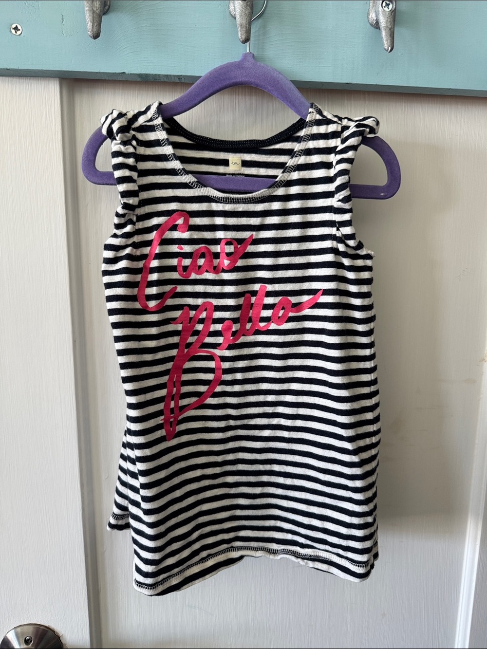 Tea Collection Black & White Striped Tank with Pink Script